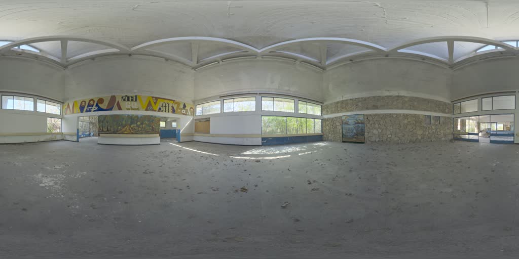 360° capture of Open-Plan Floor on 18 June 2026 — Roof closed, walls painted, glazing in, screed down but dirty.