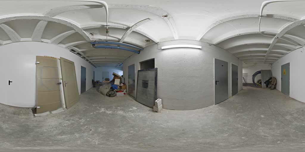 360° capture of Plant Room on 14 May 2026 — Room stripped, first pipe drop run, corridor still storing debris.