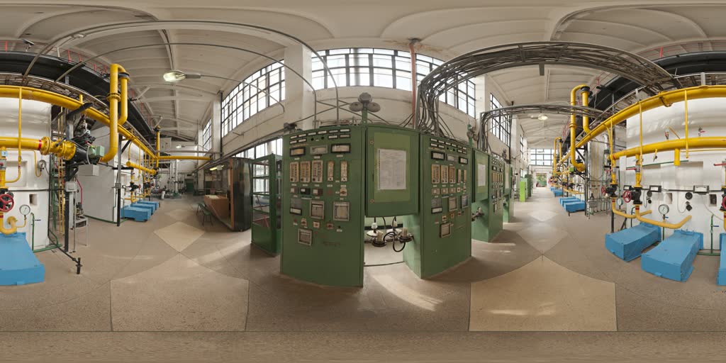 360° capture of Plant Room on 23 July 2026 — Plant set, pipework run and painted, control panels in.